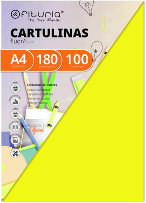 Pack 100 Cartulinas Color Amarillo Fluor Tamaño A4 180g