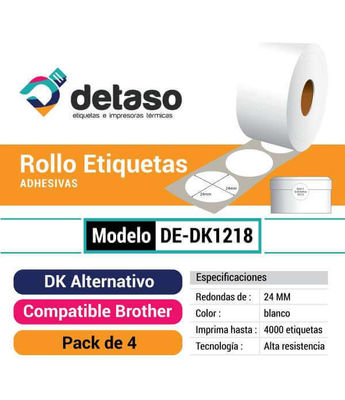 Pack 4 Rollo Dk1218 Etiquetas Redondas Adhesivas