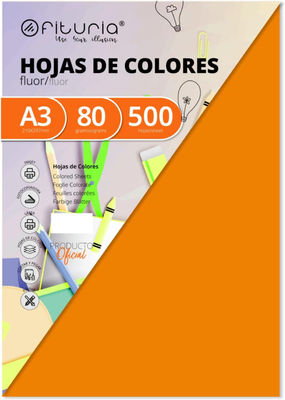 Pack 500 Hojas Color Naranja Fluor Tamaño A3 80g