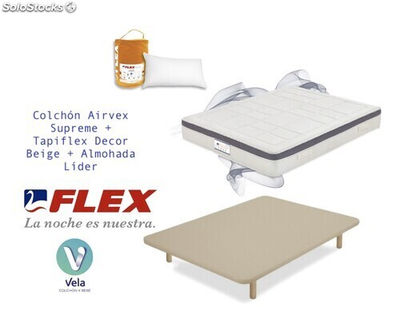 Pack Colchon Flex Airvex Supreme 105x182 + Tapiflex Beige con patas + Almohada