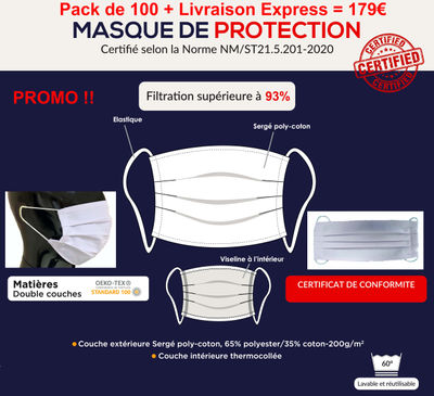 Pack de 100 Masques lavables (coronavirus covid-19) + Livraison France = 179€ - Photo 3