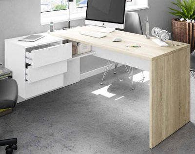 Pack muebles despacho moderno 2 mesas escritorio 5 armarios color blanco y roble - Foto 2