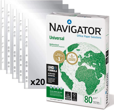 Pack Paquete de 500 Folios Navigator Universal A4 80gr + 20 Fundas Multitaladro