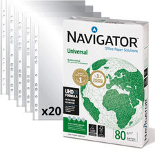 Pack Paquete de 500 Folios Navigator Universal A4 80gr + 20 Fundas Multitaladro