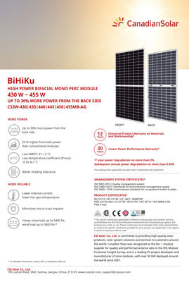 Panel solar 450W BIfacial, marca Canadian Solar