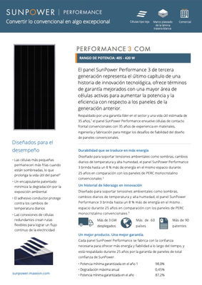 Panel solar sunpower SPR-P3-420W-COM-1500 eficiencia 20,14% tolerancia +5/0%