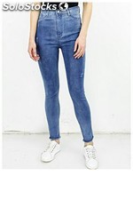 Pantalon jeans taille haute stretch perroché en en bas