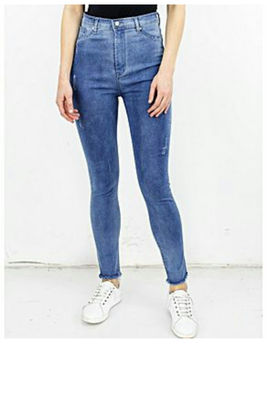 Pantalon jeans taille haute stretch perroché en en bas