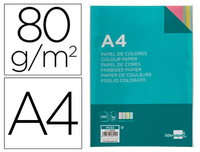 Papel color liderpapel A4 80G/M2 4 colores surtidos paquete de 100 hojas
