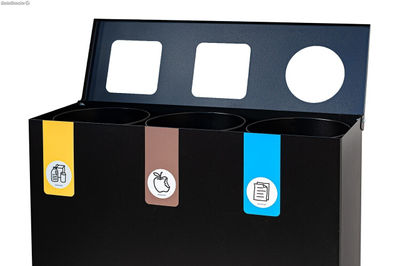 Papelera de reciclaje negra para 3 residuos (Amarillo / Marrón / Azul) - - Foto 2