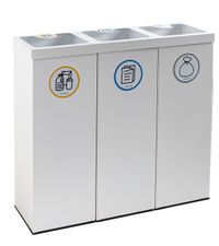 Papelera metálica blanca de reciclaje 3 residuos. Capacidad 132 litros (Amarillo