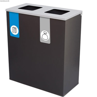 Papelera metálica de reciclaje 2 residuos. 70 Litros (Azul / Plata) - Sistemas