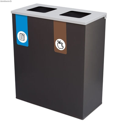 Papelera metálica de reciclaje 2 residuos. 70 Litros (Azul y Marrón) - Sistemas