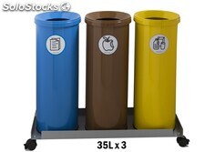 Papeleras de reciclaje metálica - Conjunto carrito 3 papeleras de 35 litros -