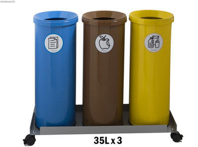 Papeleras de reciclaje metálica - Conjunto carrito 3 papeleras de 35 litros -