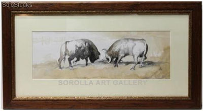 Pelea de toro | Pinturas de escenas taurinas en acuarela sobre papel