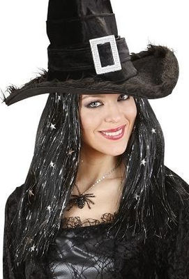 Peluca bruja negra con tinsel y estrellas plata en caja