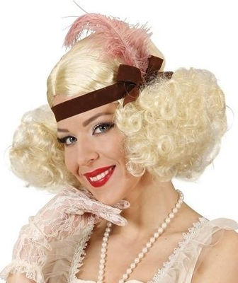 Peluca burlesque rubia con cinta y pluma en caja