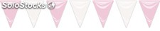 Pol. Bandera triangulo plastico rosa y blanco 20X30 cm, 25 mt