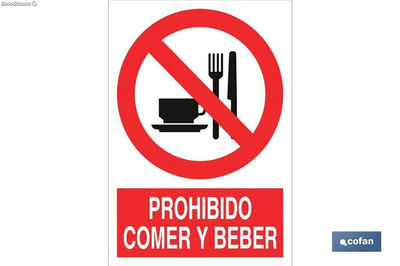 Prohibido comer y beber. El diseño de la señal puede variar, pero en ningún caso