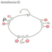 pulsera/brazalete plata+flores con esmalete rosados+mariposa chapadas