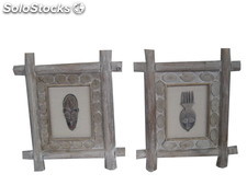 Quadri con maschere africane con cornici in legno rustico, Stock 42-