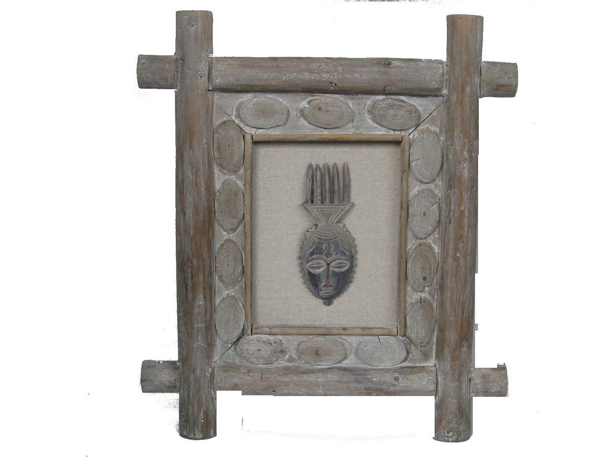 Quadri con maschere africane con cornici in legno rustico, Stock 42