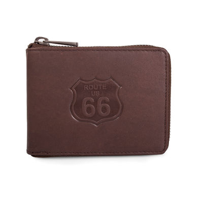 R41009 carteira de couro com zíper marcas rota 66 Brown