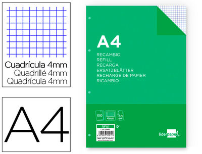 Recambio liderpapel din A4 100 hojas 60G/M2 cuadro 4 mm con margen 4 taladros