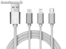 Reekin Kabel (3in1 MicroUSB, Lightning &amp; USB-C) 1,2 Meter (Silber-Nylon)
