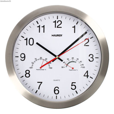 Reloj De Pared 30 cm. Con Higrometro y Termometro. Frontal En Acero