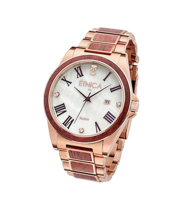 Reloj ÉTNICA Austen 42mm acero rosa y madera sandalo
