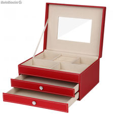 Rojo PU cuero caja de joyas con 3 capas