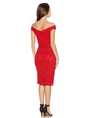 Rojo real de lentejuelas Vestido a media pierna de encaje Bardot - Foto 2