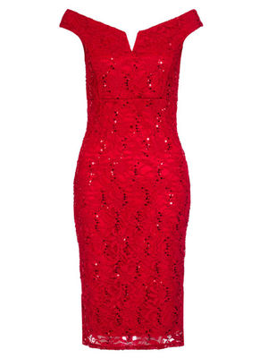 Rojo real de lentejuelas Vestido a media pierna de encaje Bardot - Foto 3
