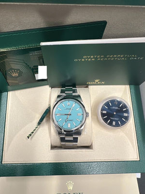 Rolex Oyster Perpetual 41mm Turquoise Blue Dial Box &amp; Papers