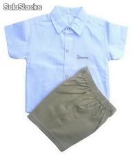 Ropa para bebés - conjunto bebé, camisa de cloquet y pantalón de lienzo, logo bordado