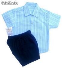 Ropa para bebés - conjunto bebé, camisa en cloquet rayado, pantalón en lienzo, logo bordado