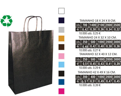 sacos de papel com asa torcida impressos en várias cores e tamanhos