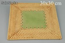 Salva toalha de mesa quadrado de cerâmica verde e ratán