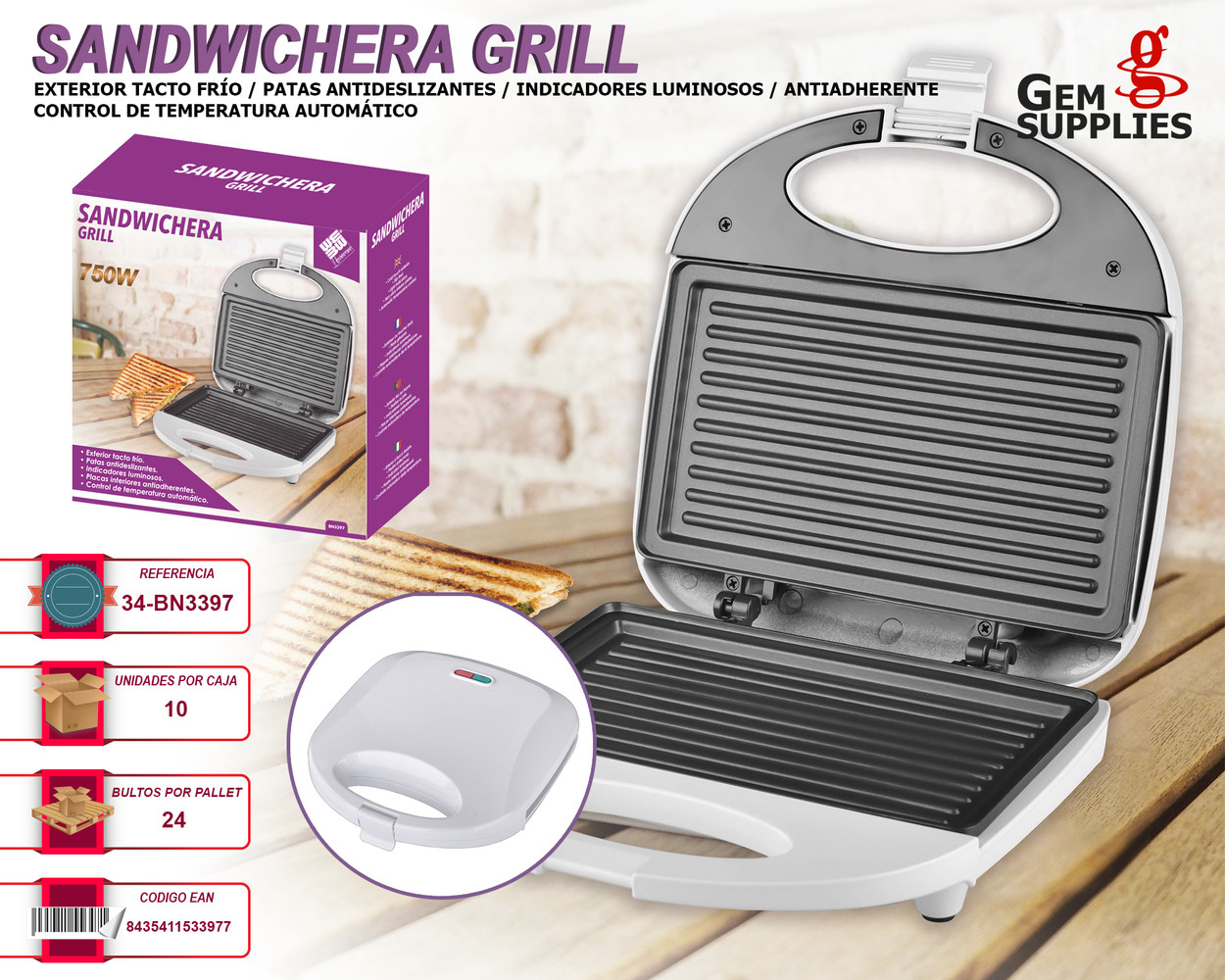 We Houseware BN3385 Sandwichera Grill Eléctrica 750W