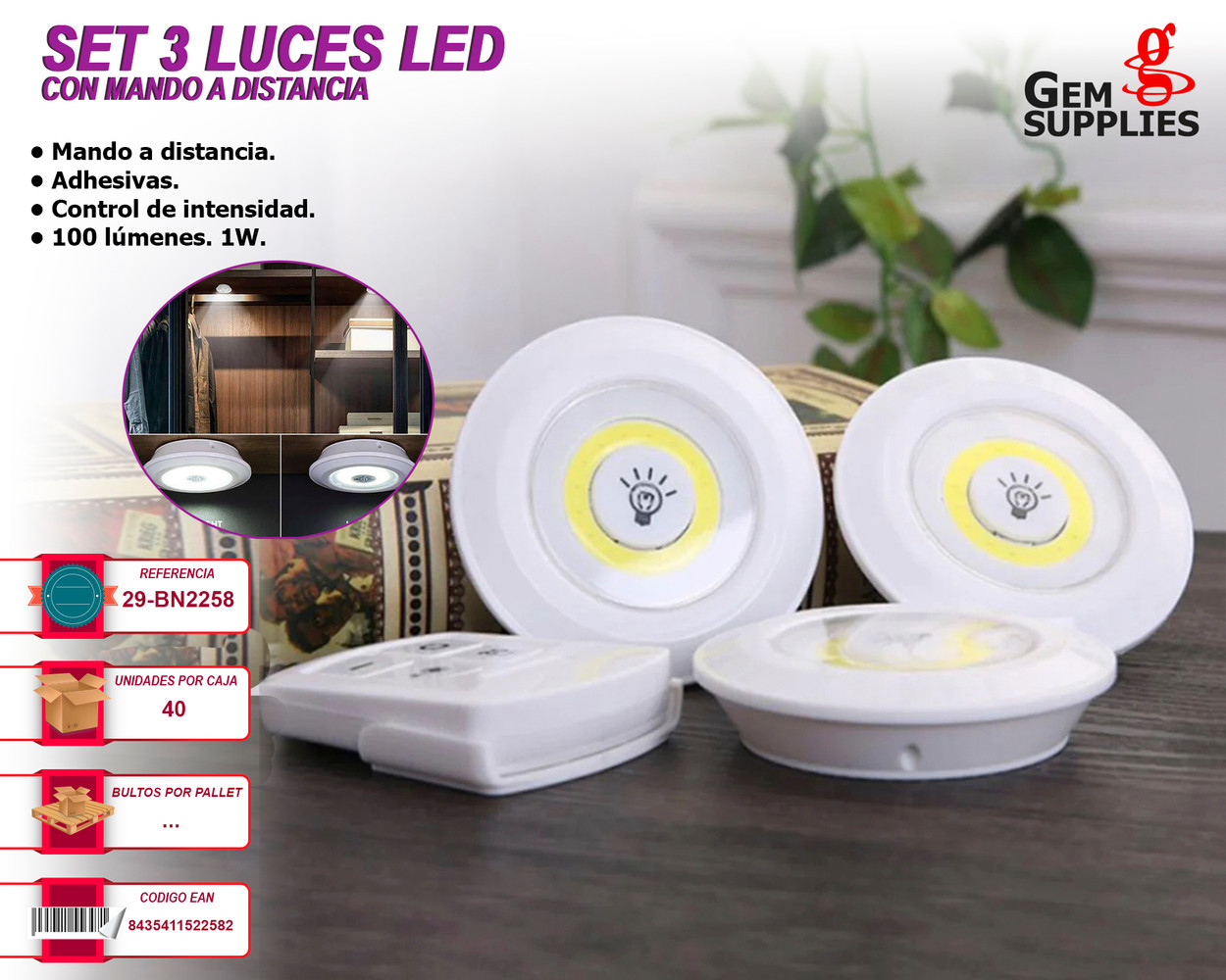 Luz Led Adhesiva Para iluminación sin cables - Pack 3 Luces Led con mando a  distancia - Funciona