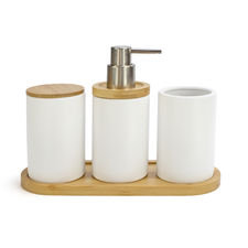 Set accesorios baño cerámica blanca y bambú