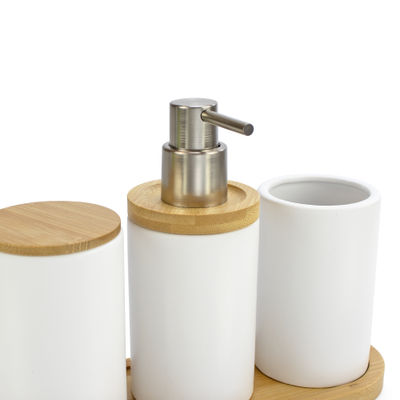 Set accesorios baño cerámica blanca y bambú - Foto 2