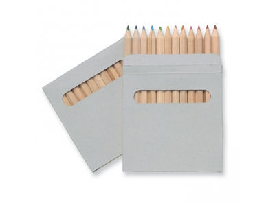 Set de 12 lápices de colores presentado en estuche de cartón.