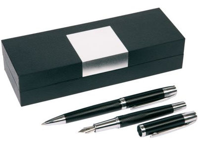 Set de bolígrafo y pluma MANZONI (tinta negra), en caja con adorno de aluminio
