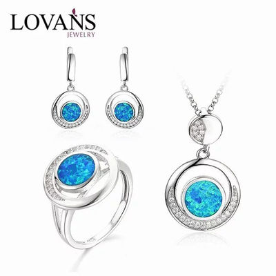 Set de joyería Opal azul cadena dije, anillo y pendientes joyería de moda