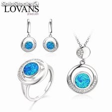 Set de joyería Opal azul cadena dije, anillo y pendientes joyería de moda