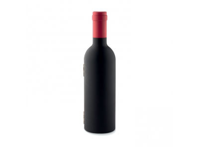 Set de vino en forma de botella. Incluye tapón, sacacorchos y anillo antigoteo.