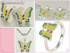 set joyería plata diseño de mariposa, pendientes+arete+dije+anillo